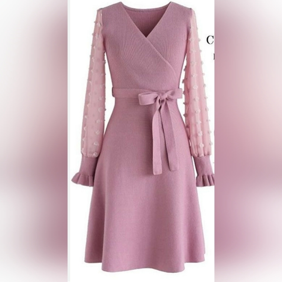 Red leaf Dresses & Skirts - Sweater fabric dress with chiffon on the pink sleeves
